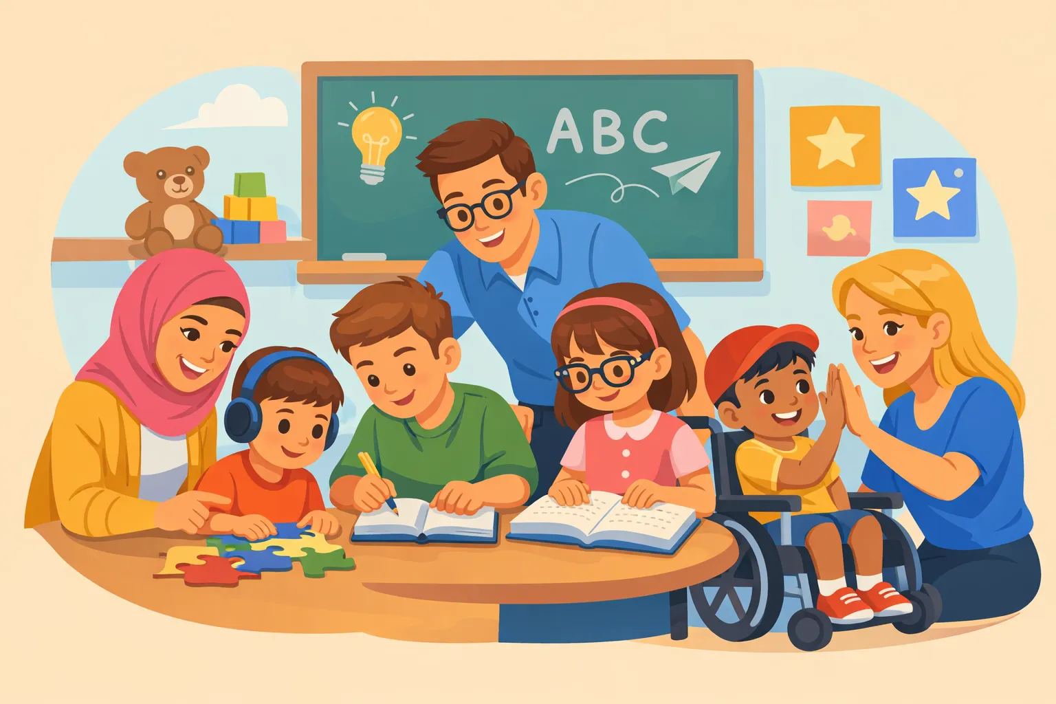 Illustration of specialist teachers working with children in a supportive learning environment